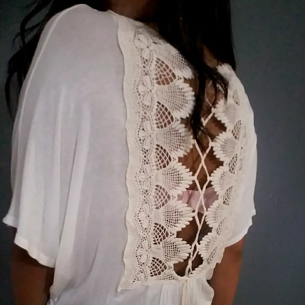 CREAM CROCHET LACE UP BACK TOP - Picture 5 of 6